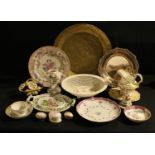 A late 18th century Chinese polychrome plate, tea bowl and saucer; other 18th/19th century English