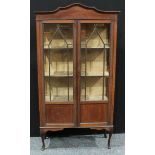 An Edwardian mahogany display cabinet, shaped cresting above a pair of astragal glazed doors