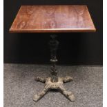 A cast iron and oak pub table, square top, 71cm high, 59cm wide