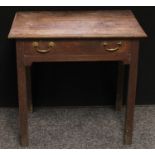 An 18th century low boy, oversailing rectangular top above a frieze drawer, square legs, brass