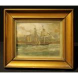 English School, ship at sea with boat, oil on canvas, indistinctly signed, 17cm x 21.5cm