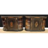 A near pair of Victorian ebonised and marquetry credenzas, each with moulded top above a rectangular