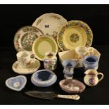 A Clarice Cliff Bizarre tea pot stand; a Wedgwood Jasperware vase, heart shaped trinket dish, etc; a