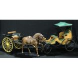 A model horse and cart, brown leather covered horse, 58cm long; a painted wooden model of a cart,