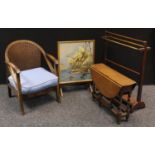 A 20th century oak drawing room clue chair, cane back; 72cm; an oak drop leaf table, barley twist