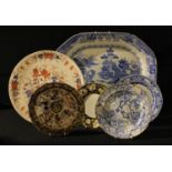 A large Mason Ironstone canted rectangular Willow pattern meat plate, 53cm wide, c.1820; a Mason