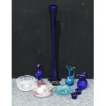Art Glass - a large Bristol blue vase, 89cm high; a kingfisher blue vase with clear glass handle,