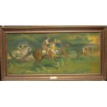 Leslie Simmonds Luff Exercising Horses, Newmarket signed, plaque to mount, oil on board, 45cm x