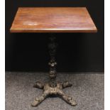 A cast iron and oak pub table, square top, 71cm high, 59cm wide