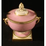 A Flight Barr and Barr sauce tureen, pink with gilt edging, eagle mask handles