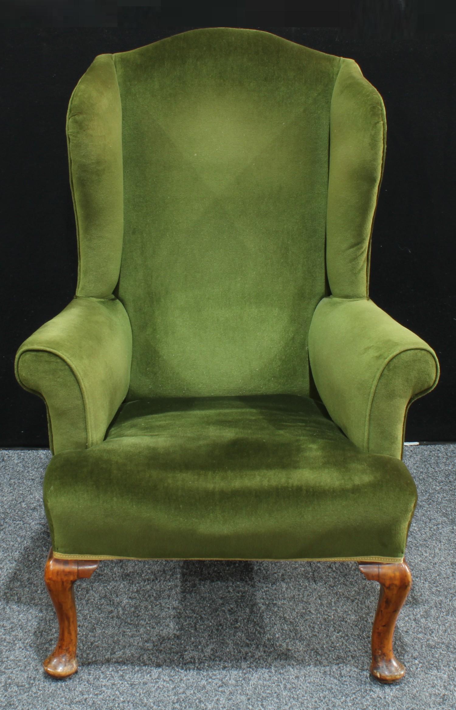 A George II style wing back arm chair, scroll arms, cabriole legs, pad feet, 119cm high. - Image 3 of 3