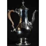 A George III silver baluster coffee pot, urnular finial, hinged domed cover, acanthus-capped
