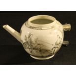 A monochrome teapot, figures fishing, late 18th century, faults