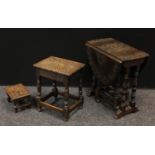 A 17th century style carved oak draw-leaf table, oval top, 65cm high, 97cm high; a 17th century