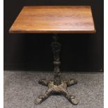 A cast iron and oak pub table, square top, 71cm high, 59cm wide