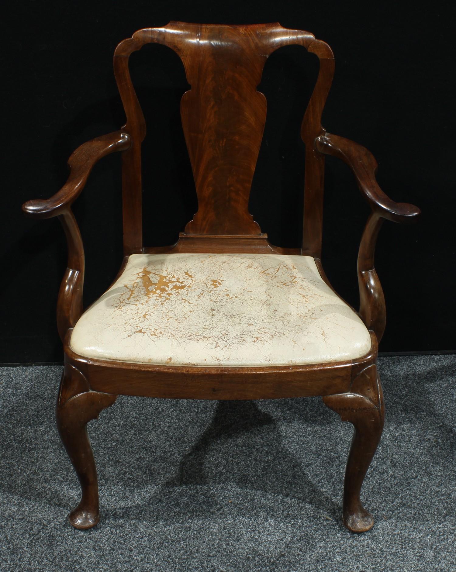 A Queen Anne design mahogany open armchair, of broad proportions, 'cupids bow' cresting rail, - Image 2 of 2