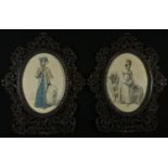 A pair of late 19th century mahogany fretwork picture frames, each with a stipple engraving of a