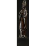 Chinese School, a brown patinated bronze, Guanyin, rectangular base, 19cm high