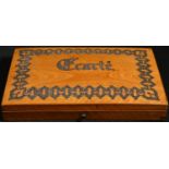 A 19th century French playing card box, hinged cover decorated with cut-steel pinwork and