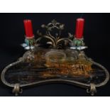 A Louis XV Rococo ormolu-mounted Chinese black lacquer encrier, twin-branch candelabra with leafy