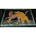 A pietra dura panel, inlaid in specimen marbles with a bear in combat, 20.5cm x 28cm