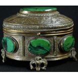 A 19th century French malachite mounted oval casket, in the Palais Royale manner, hinged cover,