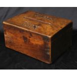 A 19th century mahogany rectangular box, hinged cover with aperture and carved inscription Whist