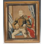 Royalty - a 19th century Berlin woolwork picture, of Prince Albert, seated in full regalia, 51cm x