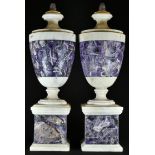 A pair of Grand Tour style amethyst quartz and white marble ovoid urns, knop finials, square