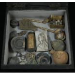 Antiquities - a table-top wunderkammer, enclosing an arrangement of artefacts, including a Stone Age