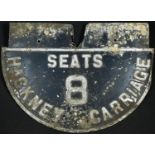London Transport - a pressed aluminium black cab taxi plate, Hackney Carriage, 8 Seats, 30.5cm wide