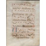 A Medieval hand-scrivened and 'illuminated' vellum antiphonal leaf, recto and verso with six lines
