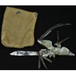 A 19th century mother of pearl mounted pocket knife, as a bird, with three blades, corkscrew and