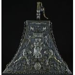 A 16th century style Continental brass mounted triform powder flask, sprung cap to spout, the mounts