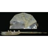 A 19th century mother of pearl aide memoir, 4.5cm long, c.1890; a Chinese mother of pearl pen, the