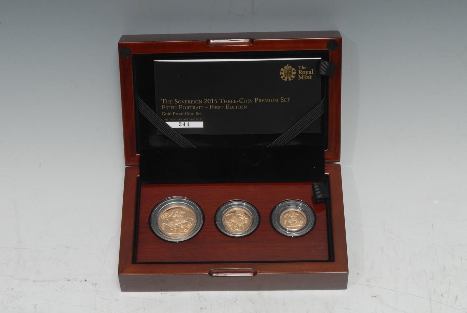 Coins, GB, Elizabeth II, The Sovereign 2015 Three-Coin Premium Set, Fifth Portrait - First