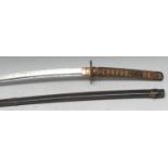 A Japanese katana 73cm curved fullered blade, gilt iron tsuba and cord-bound shagreen tsuka