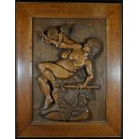 A 19th century provincial oak rectangular panel, in relief with a Bacchante and a putto, 76cm x 59cm