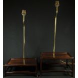 A graduated pair of Chinese hardwood connoisseurs stands, each fitted with a table lamp, rectangular