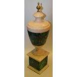 A Neoclassical style malachite and white marble urn, fluted finial, square base, 42.5cm high