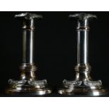 A pair of Regency Old Sheffield plate table candlesticks, leafy scroll borders, 17cm high, c.1820