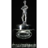 Football - an E.P.N.S mounted clear glass square desk inkwell, the hinged cover as an Edwardian