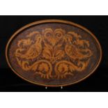 Pyrography - a 19th century pokerwork oval gallery tray, decorated with birds and scrolling