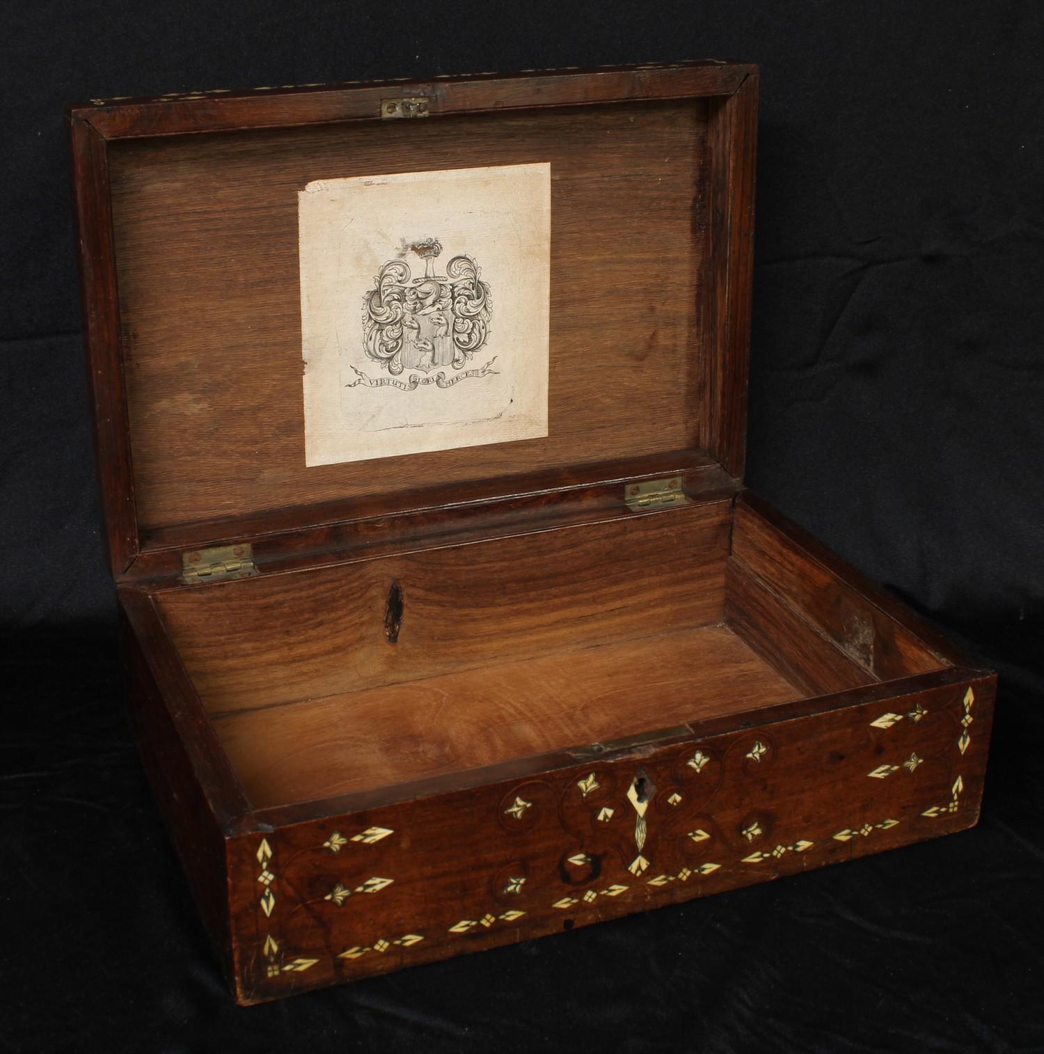 A 19th century Indian hardwood and ivory marquetry rectangular box, hinged cover centred by a - Image 2 of 3