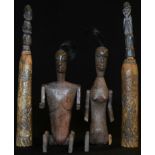 Tribal Art - an Indonesian hardwood articulated figure or doll, carved to verso with a turtle,