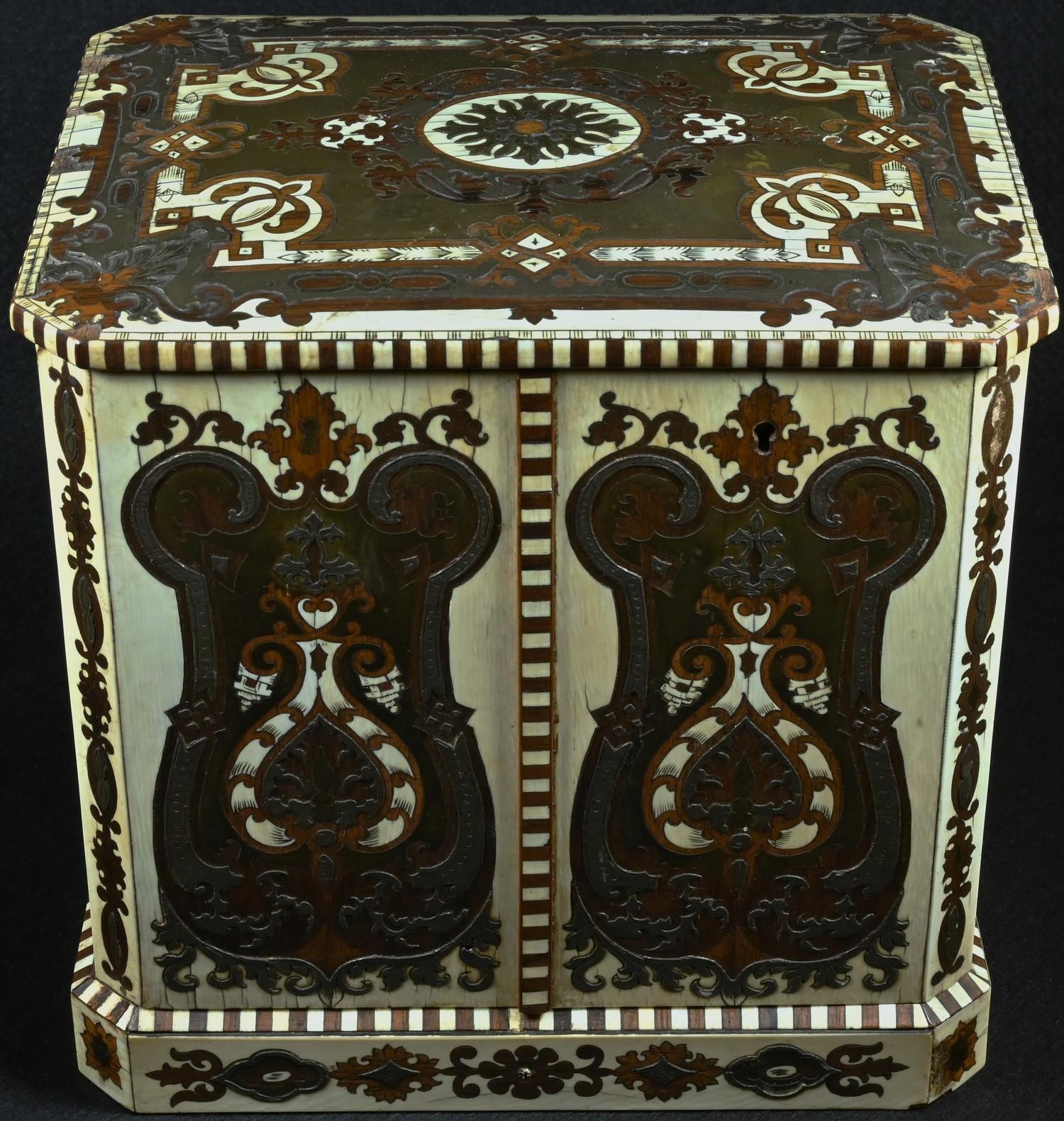 A 19th century rosewood, boulle and ivory canted rectangular cigar cabinet, profusely inlaid with