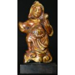 A Chinese cast and lacquered figure, of an immortal, 17.5cm high, collector's display plinth