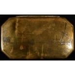 An 18th/19th century Dutch brass canted rectangular tobacco box, hinged cover engraved with an