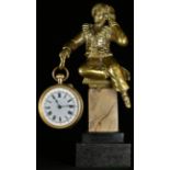 A bronze and marble novelty pocket watch stand, as a finely dressed young gentleman, stepped