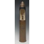 A WWI British Trench Art inert 18 powder shell with Jesus Statue, inscribed Ypres 1915